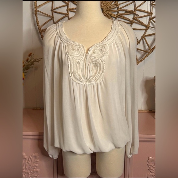 Sophie Max Tops - Women’s MediumSophie Max Cream Blouse with Embellished Neckline and Long Sleeves